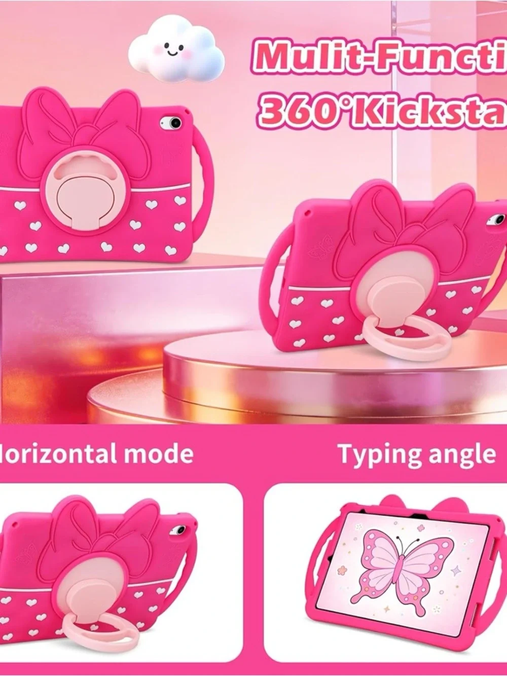 iPad 10th Gen 10.9 Case Kids Pink Bow Stand Handle Shockproof iPad A16 11 Case